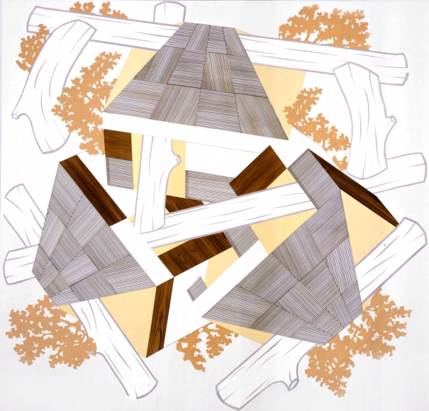 Abstraction by Kevin Appel with logs and yellow panels