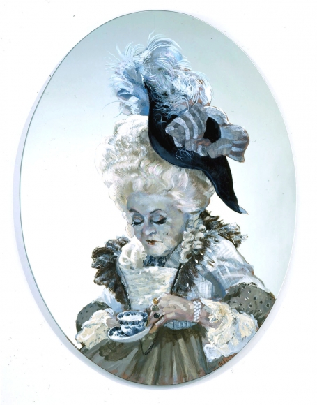 blue roundel of elderly woman with tea cup by rachel feinstein