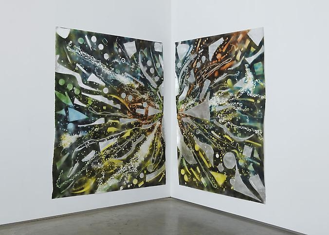 Mosaic Drawing Shard Vision (All Colors and Silver), 2010, Spray paint, acrylic and silver leaf Corner diptych