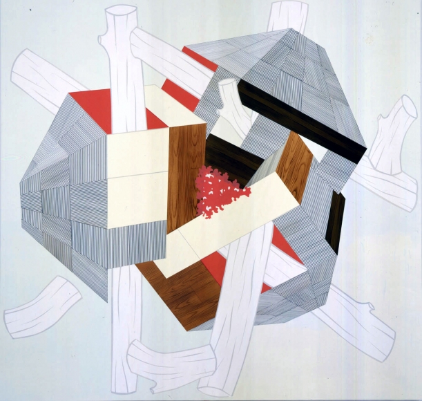 Abstraction by Kevin Appel with logs and red, grey, and off-white geometric designs