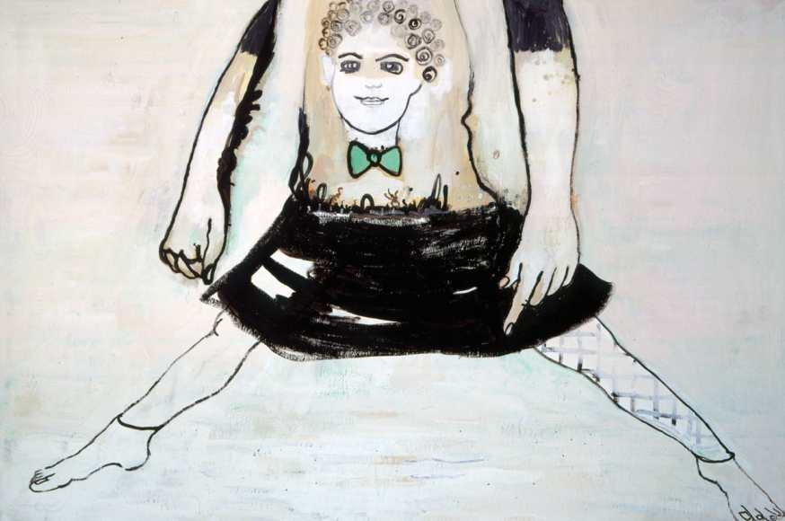 painting of a woman in a skirt with a face on her torso by hannah van bart