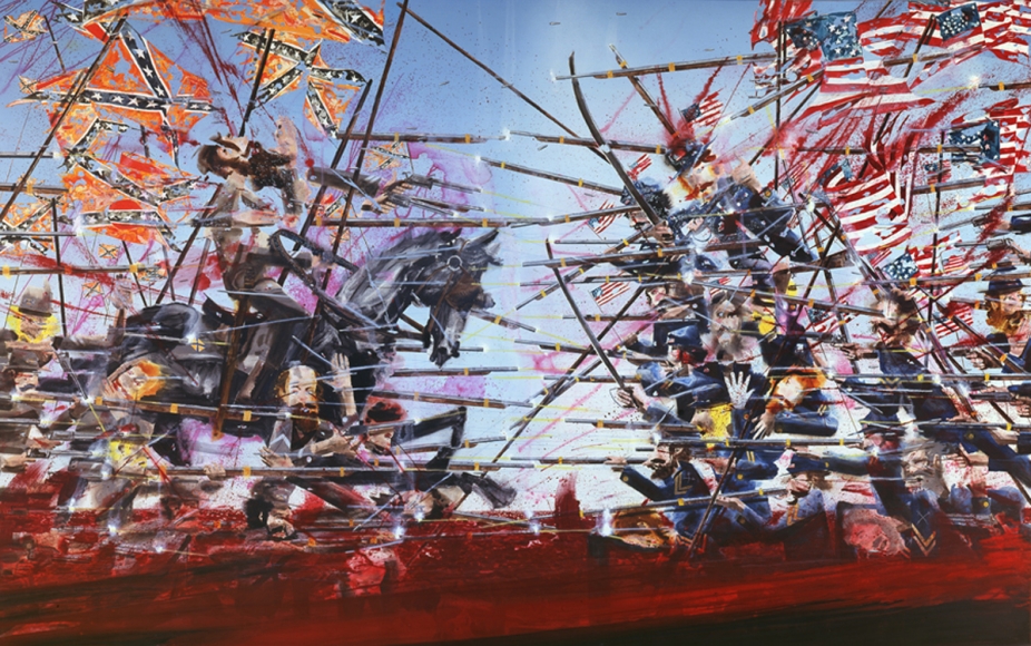 an abstracted contemporary battle scene painting of the civil war by barnaby furnas