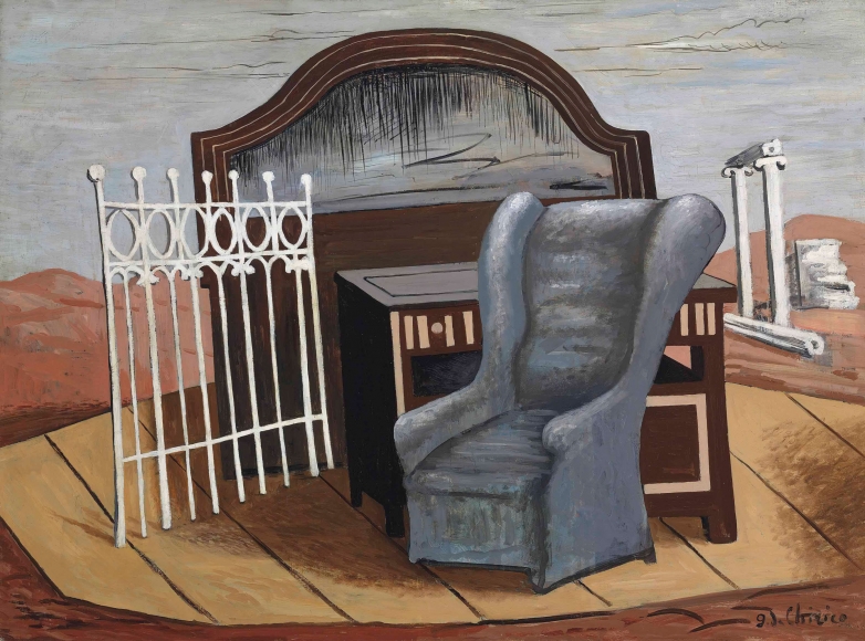 Giorgio de Chirico, Mobili Nella Valle, 1927 Oil on canvas 97 x 130 cm. (38 x 51¼ in.) ©Helly Nahmad Gallery NY