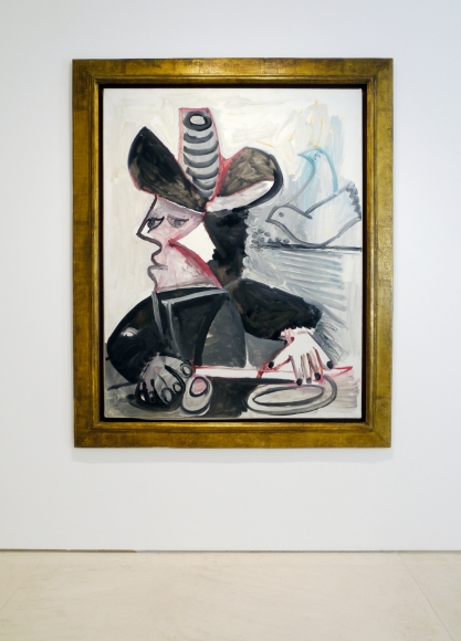 Installation view of Masters Works featuring Pablo Picasso's painting, Mousquetaire aux Oiseaux II, 13 January 1972, 1972, Oil on canvas, 146 x 114 cm. (57 ½ x 44 ⅞ in.) Photography by Bianca Boragi. ©Helly Nahmad Gallery NY.