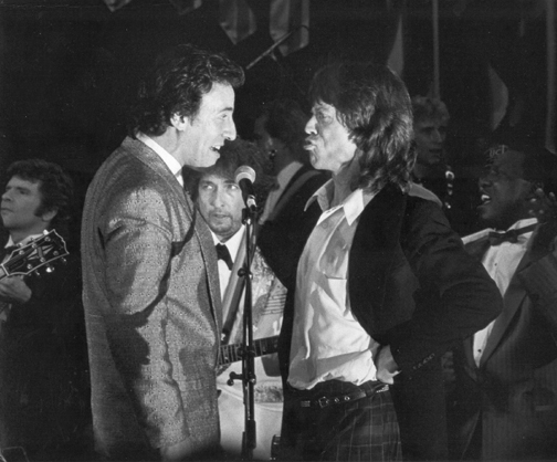 Ron Galella Bruce Springsteen, Mick Jagger and Bob Dylan performing at the 3rd Annual Rock and Roll Hall of Fame Awards, the Waldorf Hotel, NYC