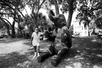 Mary Ellen Mark, John Schlesinger posing with an elephant, Honky Tonk Freeway, Sarasota, Florida, 1980