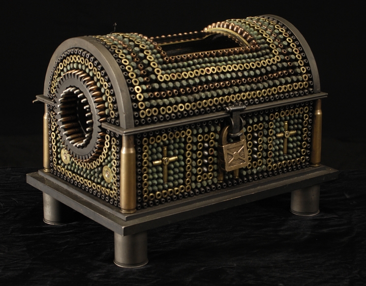 Al Farrow, Casket Reliquary III (Foot of Santo Guerro) (SOLD), 2011, bullets, shell casings, steel, wood, glass, bone, lock, antique velvet, 10 3/4 x 14 1/2 x 9 3/4 inches