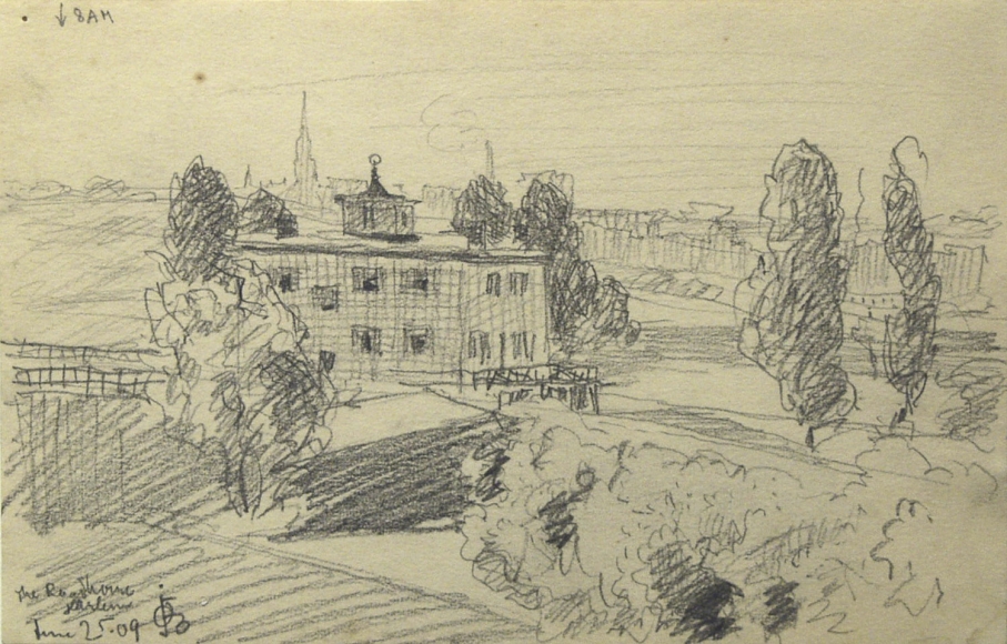 Oscar Bluemner, Roadhouse Gardens, 1909, pencil on paper, 4 5/8 x 7 1/4 inches