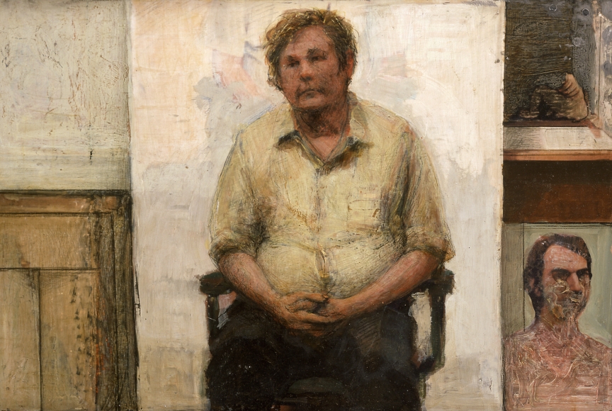 gregory gillespie, Bill (in studio), 1984, oil on panel, 13 x 18 1/2 inches