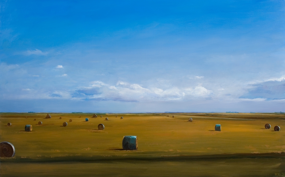William Beckman, Bales #3, 2018, oil on panel, 24 x 39 inches