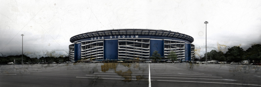 César Galicia Shea Stadium (SOLD), 2010, oil and acrylic on prepared panel, 17 x 50 1/2 inches