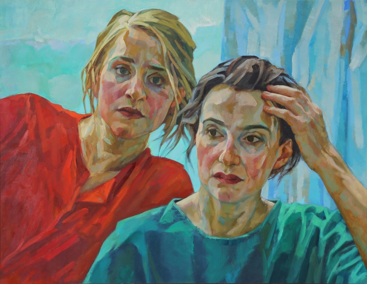 Xenia Hausner, Emergency, 2017, oil on Dibond, 41 x 52 3/4 inches