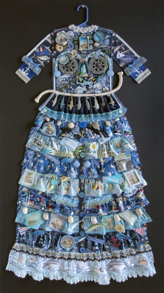Jane Lund, Montauk Dress, 2017, assemblage of collected objects, 58 1/2 x 32 1/2 inches