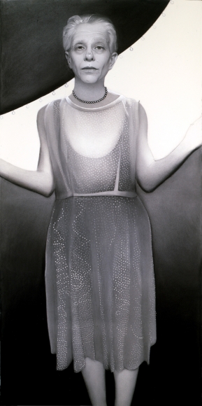susan hauptman, Self Portrait (with rubber stamp) (SOLD), 2010, charcoal and rubber stamp on paper, 82 x 40 inches