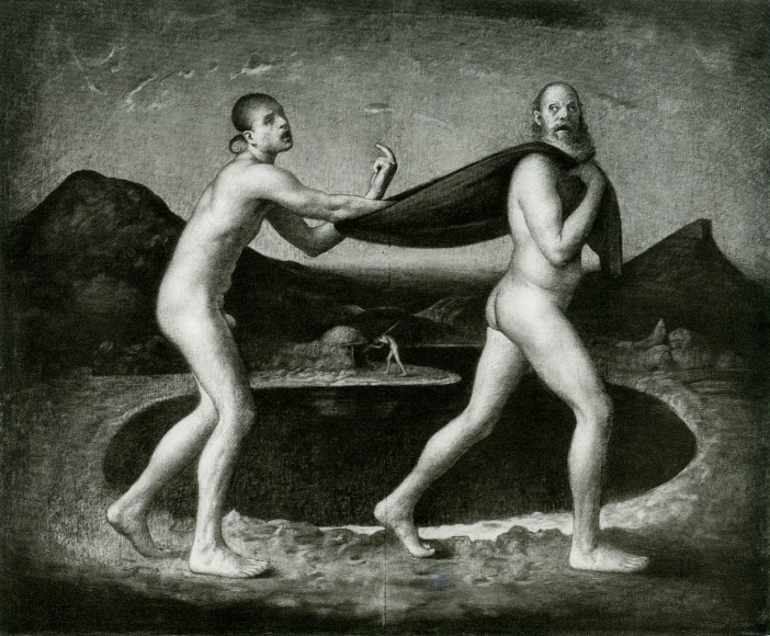 Odd Nerdrum, The Red Cape, 1991, charcoal on paper, 37 x 45 inches