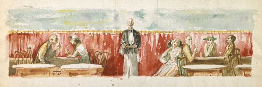 Reginald Marsh, Scene in Restaurant, c. 1940-50, watercolor on paper, 8 x 24 inches