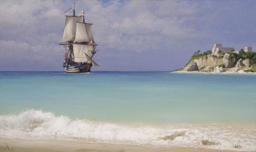 guillermo munoz vera, Englishmen In Front of Tulum, Yucatan, 2011, oil on canvas on panel, 43 3/8 x 72 inches