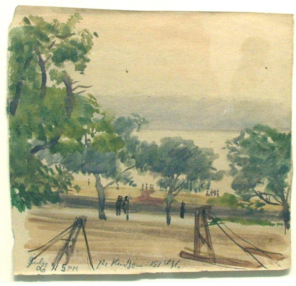 Oscar Bluemner, The Hudson, 151st St., 1906, watercolor, pen and ink on paper, 5 1/4 x 5 3/4 inches