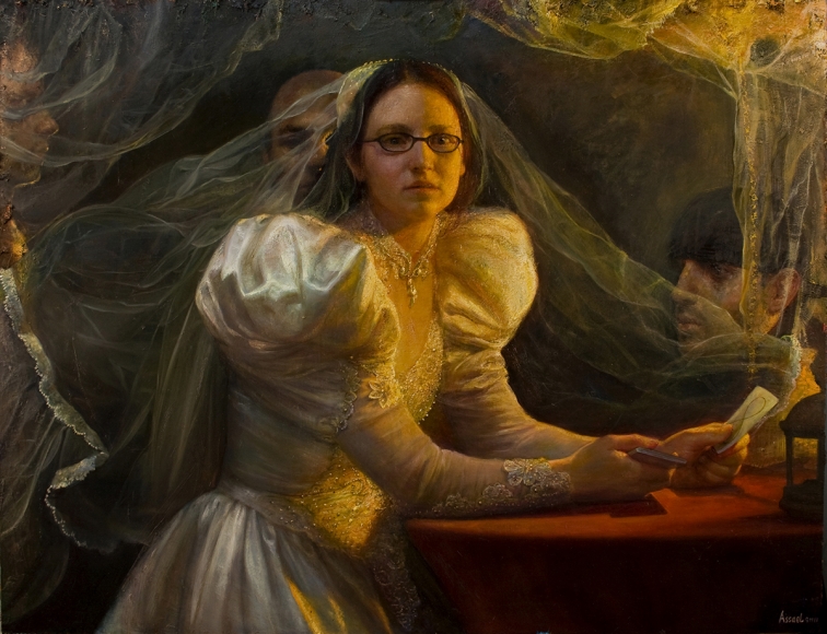 Steven Assael, Bride with Cards (SOLD), 2011, oil on canvas, 36 3/8 x 48 inches