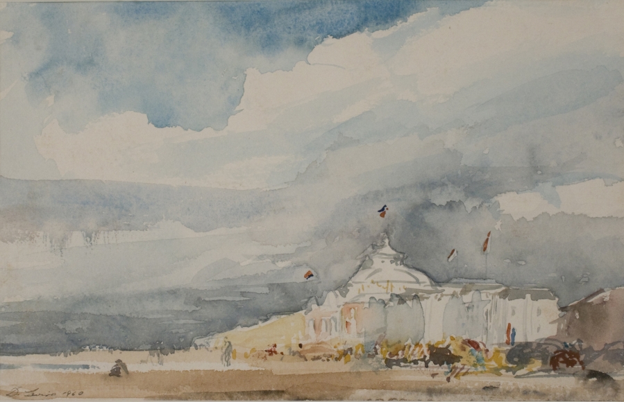 david levine, Beach Hotels at Scheveningen...Holland, 1960, watercolor on paper, 5 1/4 x 8 1/4 inches
