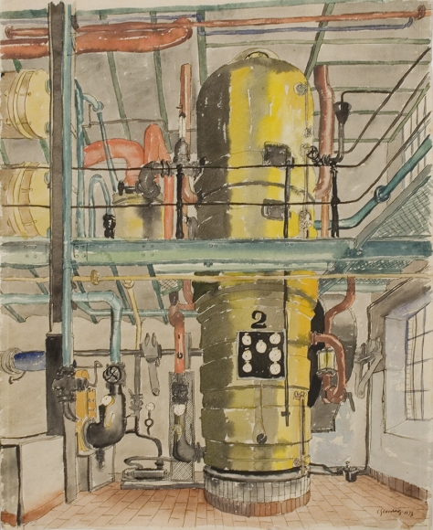 Carl Grossberg, The Yellow Boiler (Der Gelbe Kessel), 1933, watercolor and ink on fabriano paper, 19 5/8 x 15 3/4 inches