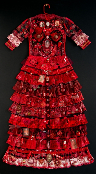 jane lund, Red Dress, 2013, assemblage of collected objects, 59 x 33 inches