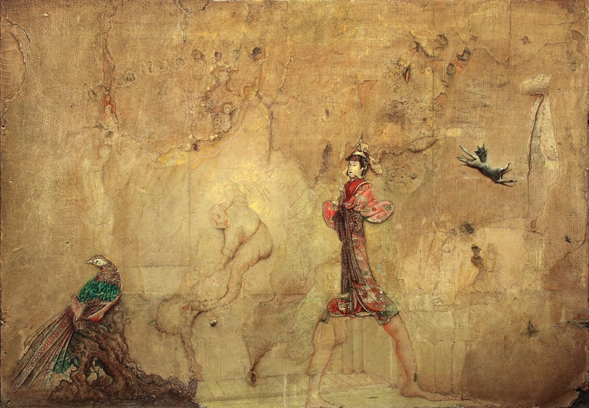 gregory gillespie, Bird, Man, Japanese Figure and Mad Dog, 1983, oil on wallboard, 24 x 33 1/2 inches