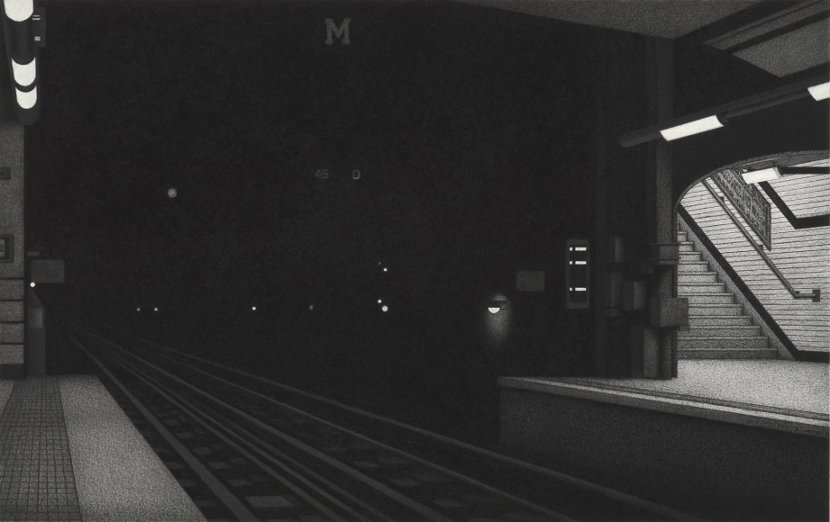 Anthony Mitri, 12:57 a.m., Metro, Paris (SOLD), 2011, charcoal on paper, 15 x 22 3/4 inches