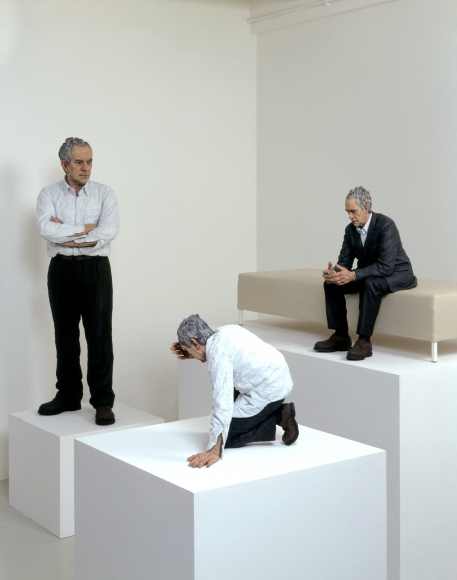 Sean Henry, You're Not The Same, 2005, bronze, oil paint, Edition of 5, Standing Figure: 54 inches high; Seated Figure: 20 inches high; Crouching Figure: 13 inches high