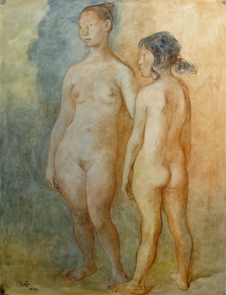 Francisco Zuñiga, Two Women, 1972, pastel and watercolor on paper, 25 3/4 x 19 3/4 inches