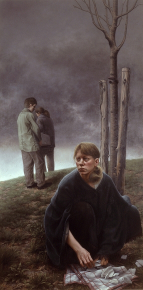 michele fenniak, Gathering, 2001, oil on panel, 71 3/4 x 35 5/8 inches