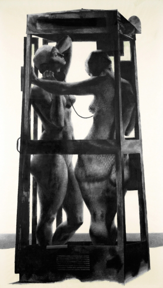 Joseph Hirsch, Booth, 1964, charcoal, pastel, and wash on paper, 58 x 34 inches