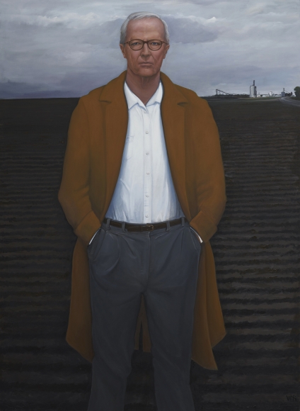 William Beckman, Overcoat with Plowed Field, 2018-2019, oil on canvas, 100 x 73 inches