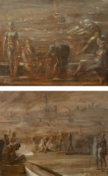 Reginald Marsh, Untitled Port Scene (Recto), Untitled Nudes on, on Port (Verso),1952 (recto), 1953 (verso), oil on panel, 16 x 20 (both sides)
