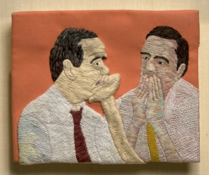 Darrel Morris, Office Gossip, 1995, embroidery and applique, 5 1/4 x 6 1/2 inches