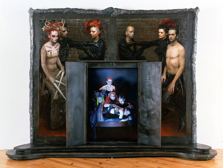 Steven Assael At Mother, 2001, oil, wood panel, canvas & steel, 110 (H) x 156 (W) x 42 (D) inches