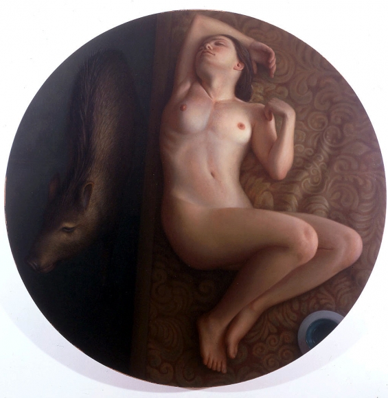 wade schuman, Woman with Pig (SOLD), 2001, oil on linen, 48" diameter