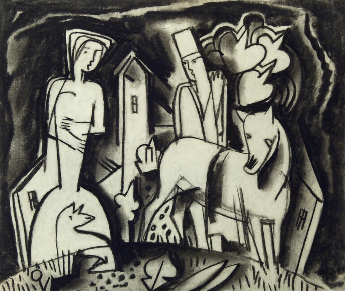 Bela Kádár, Untitled (man behind horse, with woman), n.d., charcoal on paper, 6 7/8 x 8 1/8 inches
