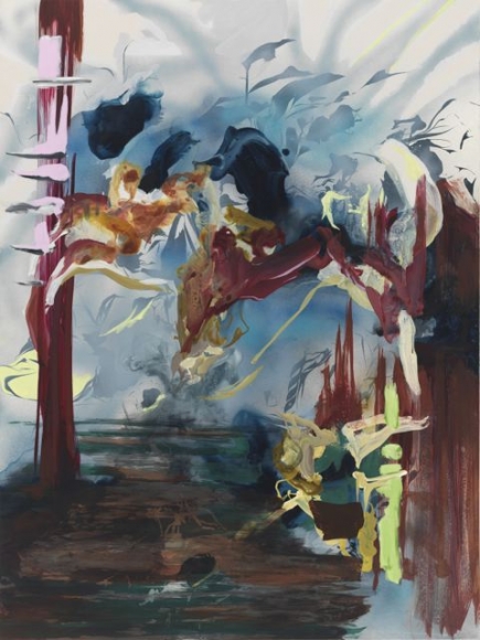 Kim Piotrowski, Mine Angel, 2014, acrylic, ink and flashe and silver leaf on panel, 48 x 36 inches