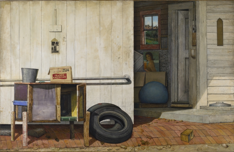 gregory gillespie, Back Entrance: Williamsburg, Massachusetts (SOLD), 1972, oil and Magna on wood, 54 x 84 inches