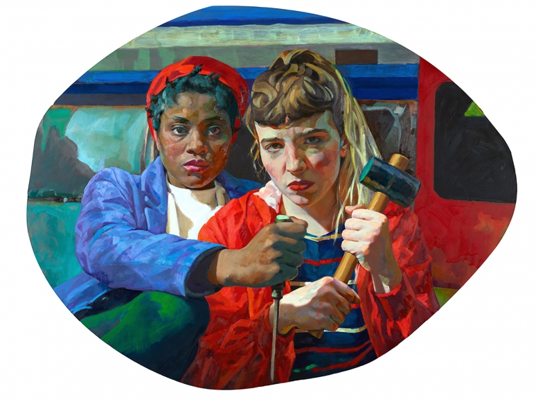 Xenia Hausner, On Fire, 2018, oil on Dibond, 59 x 75 1/2 inches