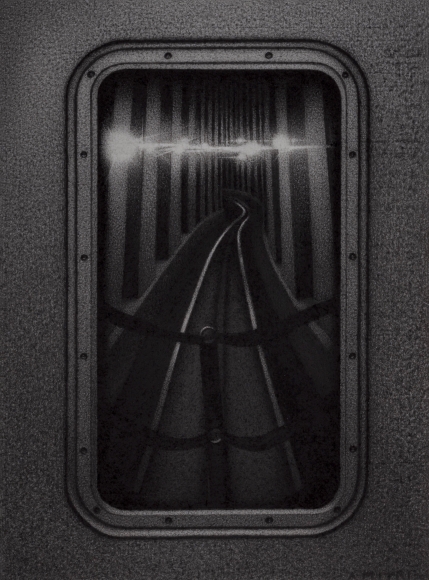 Anthony Mitri, Hind Sight 2, D Train, NYC, 2020, charcoal on paper, 7 1/2 x 5 1/2 inches