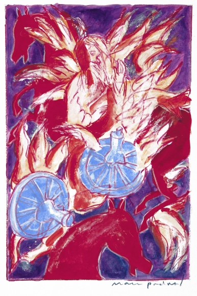 Mark Podwal, Elijah's Transformation into the Angel Metatron (SOLD), 2008, acrylic, gouache & colored pencil on paper, 10 x 6 1/2 inches