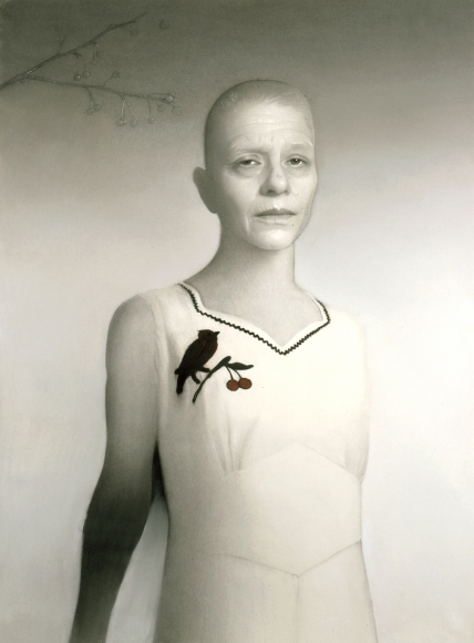 susan hauptman, Self-Portrait (with Branch), 2005, charcoal on paper, 54 x 40 inches