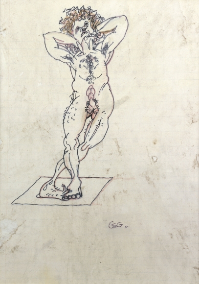 Gregory Gillespie, Male Dancer, 1980, pen & ink, oil on paper on board, 16 x 12 inches