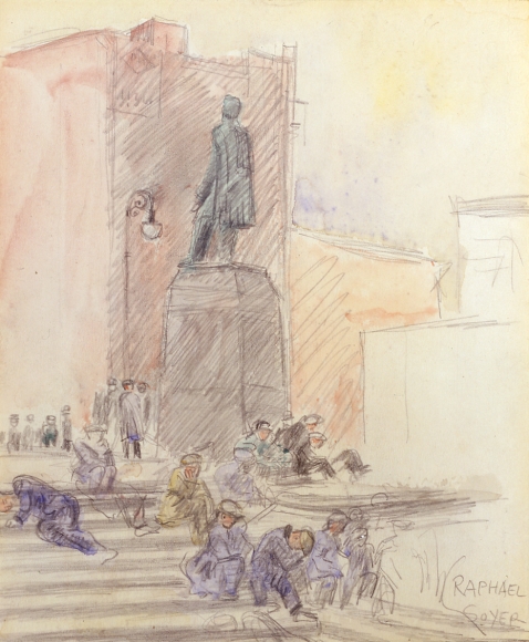 Raphael Soyer, On the Steps, c. 1930, watercolor on paper, 9 x 7 1/4 inches