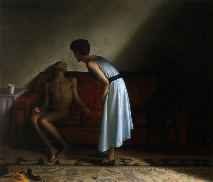 wade schuman, Red Couch (Aftermath) (SOLD), 1991, oil on panel, 66 x 79 inches