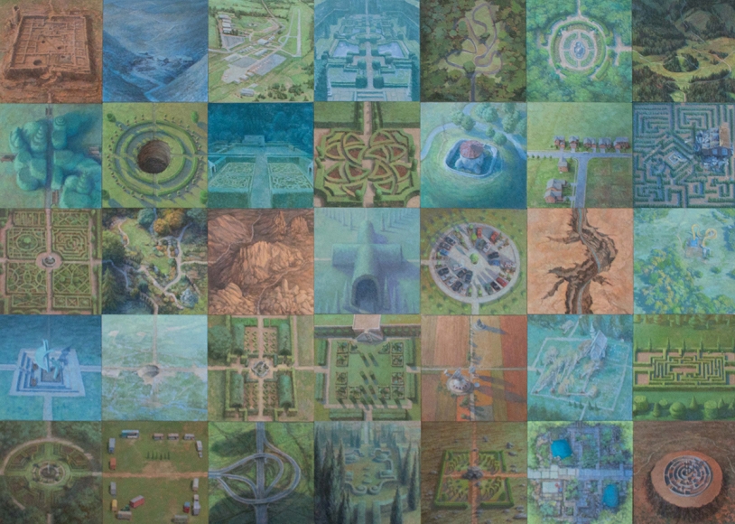 Travelogue, 2014, oil on 35 panels (8'' x 8'' each), 40 x 56 inches