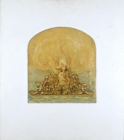 Gregory Gillespie, Ancient Boats, 1987-8, oil and alkyd on panel, 24 1/4 x 21 1/2 inches