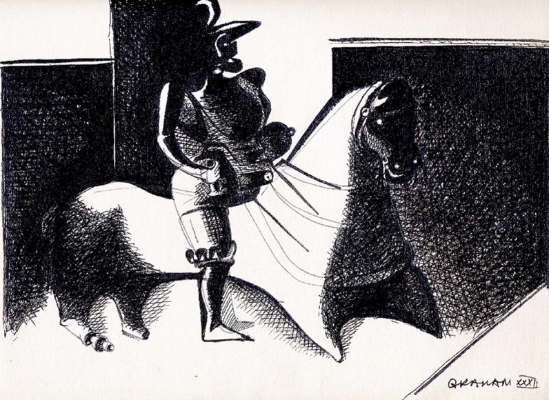 john graham, Warrior on Horseback (recto), 1932, double-sided drawing, black ink and gouache on paper (recto), 9 x 12 inches
